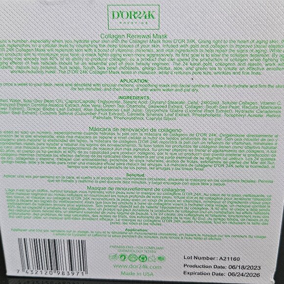 D'OR 24K COLLAGEN RENEWAL MASK - 1.7 fl oz \ 50 g - BRAND NEW - SEALED - Picture 3 of 5